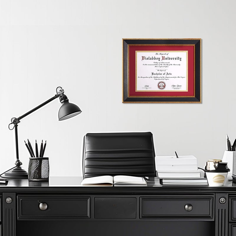 VIOLABBEY 8.5x11 Diploma Frame Black, 8.5 x 11 Certificate Frame with Mat or 11x14 College Degree Frames without Mat, Wall or Tabletop Display, Tempered glass (Red Gold Double Mat) - Image 2